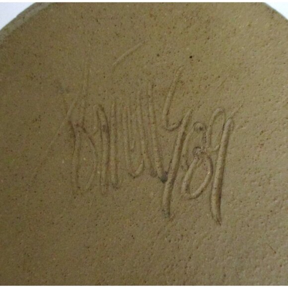 Artisan Pottery Bowl With Leaf Imprint & Blue Stripes - Vintage 1989 Signed - Picture 4 of 6